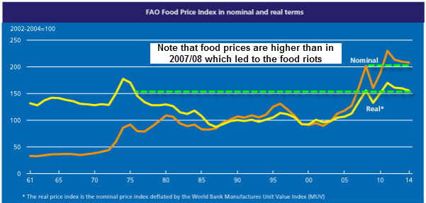 Δείκτης τιμών των τροφίμων, με τιμές πραγματικές (χωρίς των πληθωρισμό, κίτρινο) και μη 
