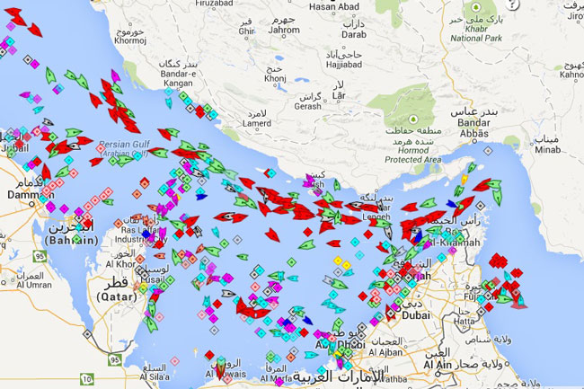 Αναπαράσταση του ασυνήθιστα μεγάλου αριθμού πλοίων στα στενά του Hormuz