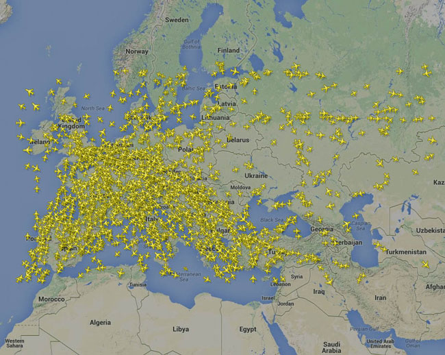 Χάρτης - τα ορισμένα αεροπορικά δρομολόγια και πορίες στην ευρύτερη περιοχή της Ευρώπης